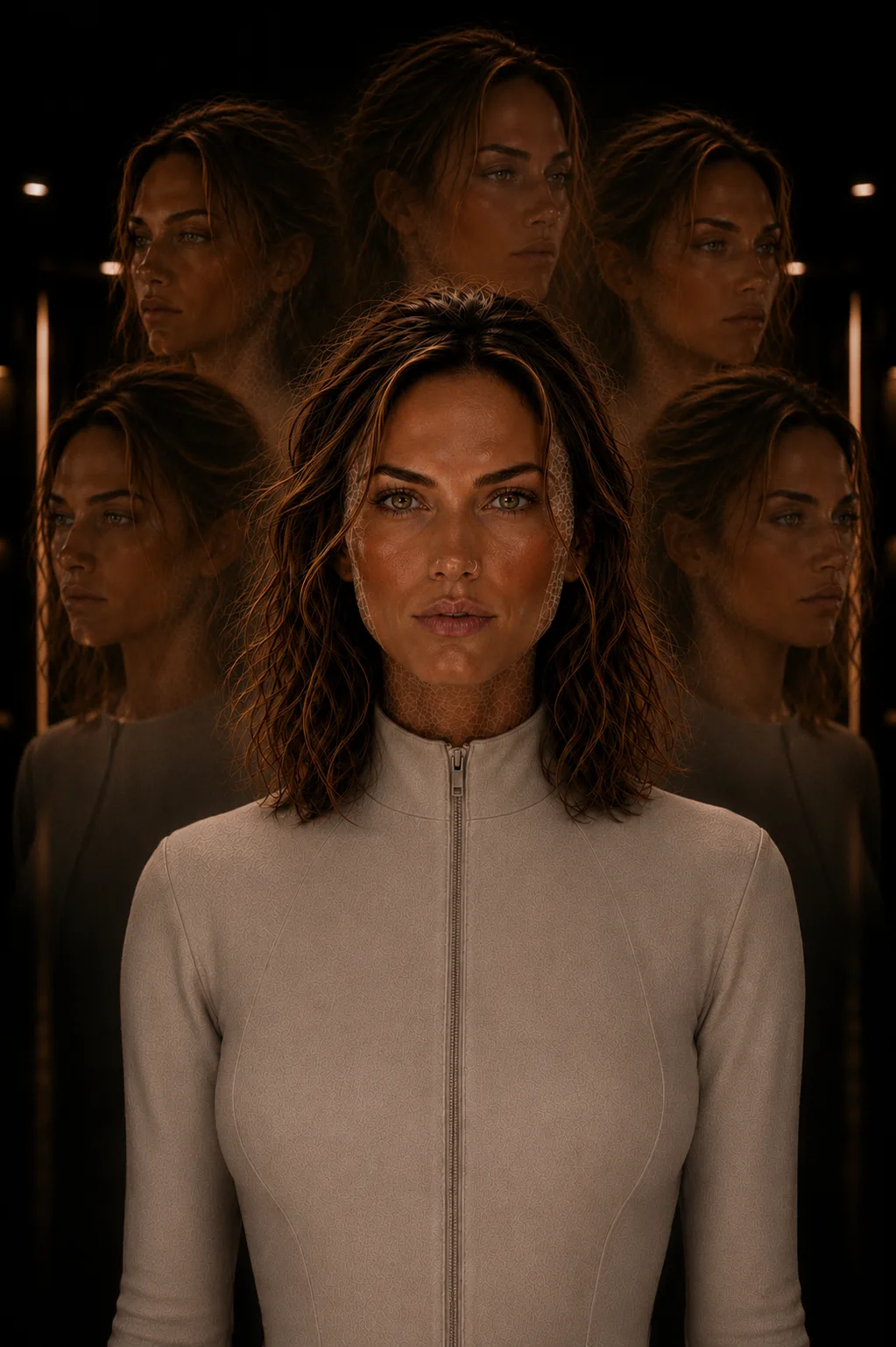 A grid of closely related variants of the same synthetic figure, differing in pose, expression and lighting.