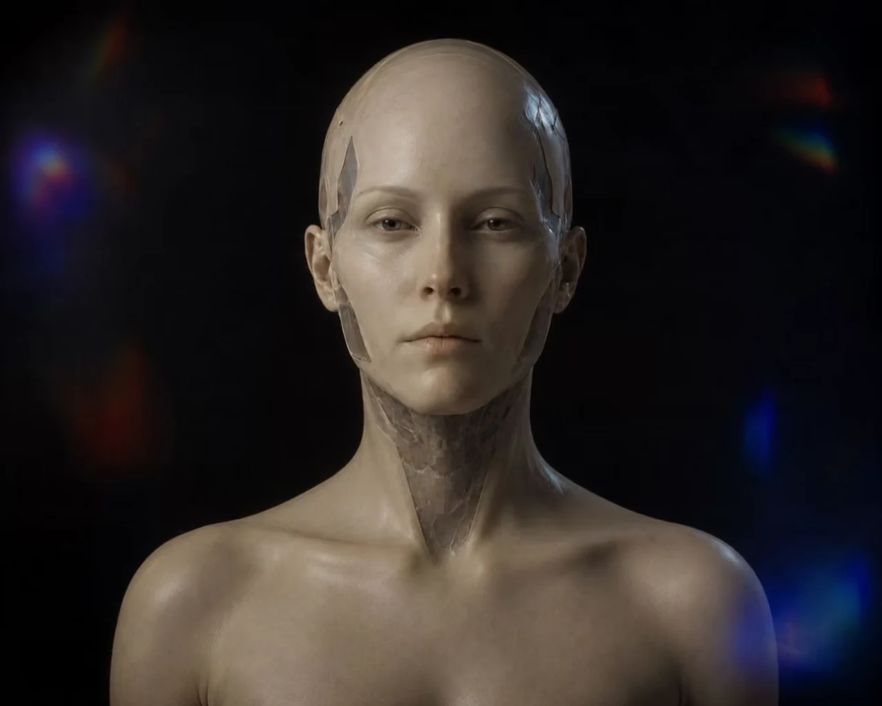 A rendered figure whose machine casing gives way to a human face. Only the surface changes.